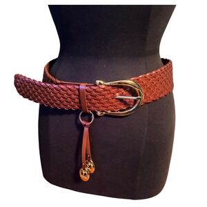 Michael Kors Woven Bonded Leather Belt GoldTone Buckle M Woman  Braided Wide EUC